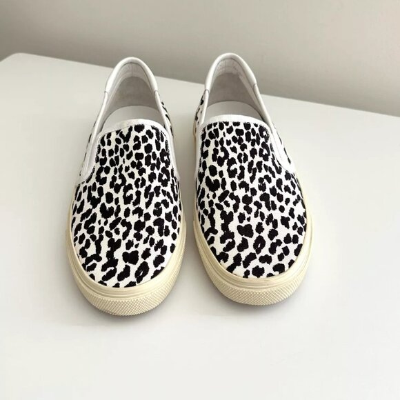 SAINT LAURENT Black/White Leopard Print Canvas Slip-On Sneakers Size 38.5 - Picture 1 of 10